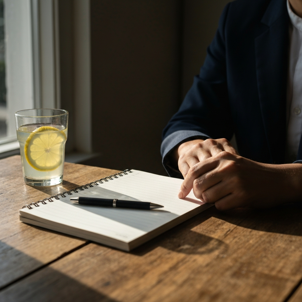 A notepad and pen rest on a rustic wooden table, next to a partially full glass of lemonade. Sunlight streams through a nearby window, casting a warm glow.