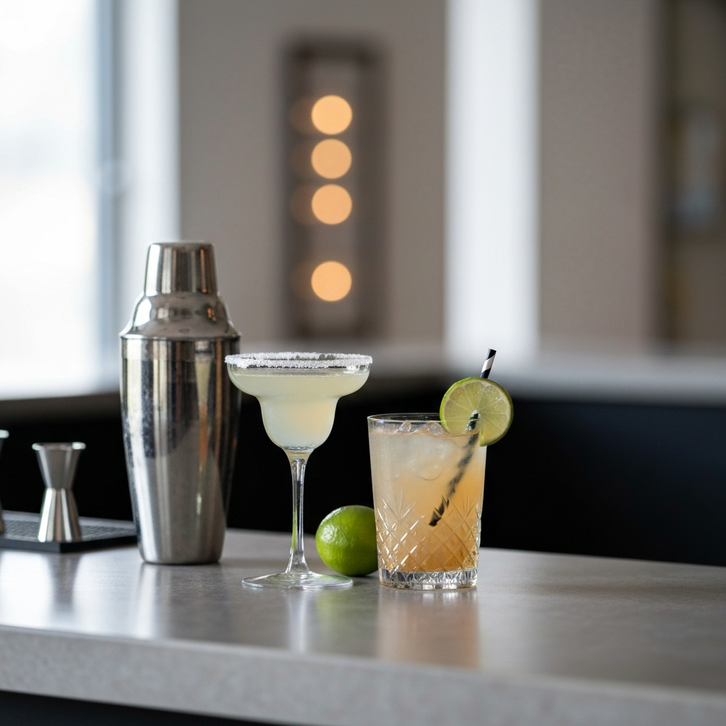 Two cocktail glasses, one with a margarita and one with a daiquiri, sit on a bar top. A shaker and a lime wedge are placed beside them. The background is blurred with soft bokeh.