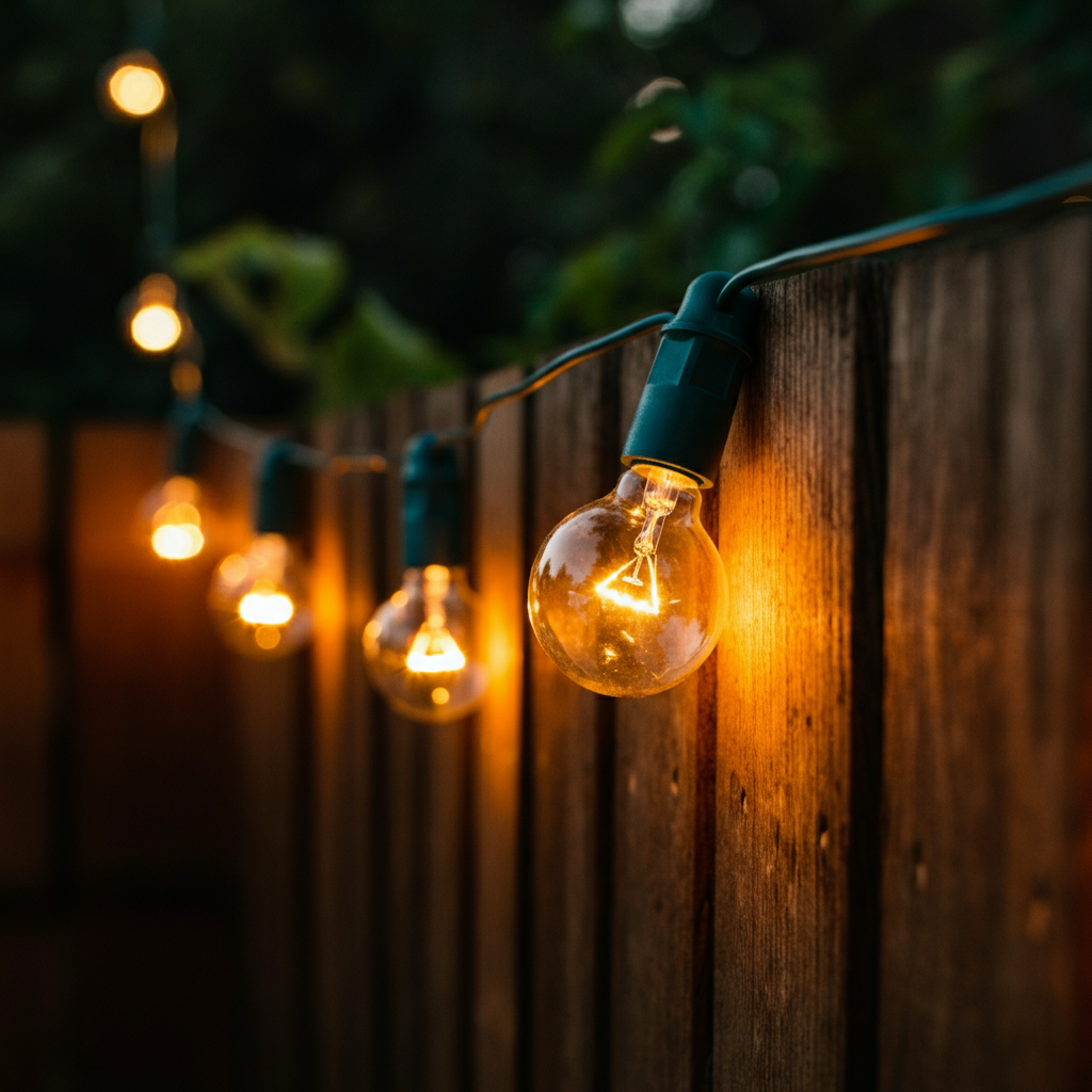 A close-up of string lights draped across a wooden fence, with soft, warm light illuminating the scene. A few green leaves are visible in the background, blurred slightly.