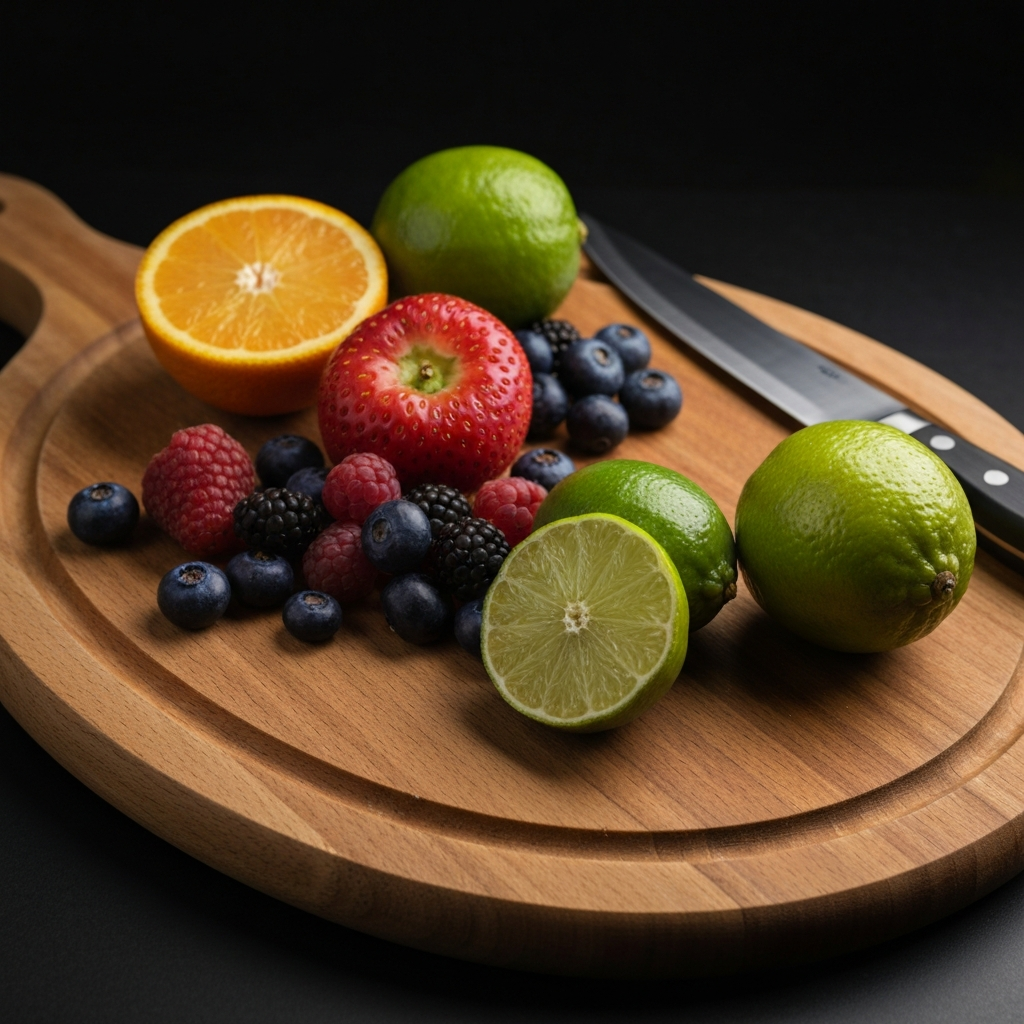 A close-up of various fruits (limes, oranges, berries) arranged artfully on a wooden cutting board. A knife rests beside them, catching the light.