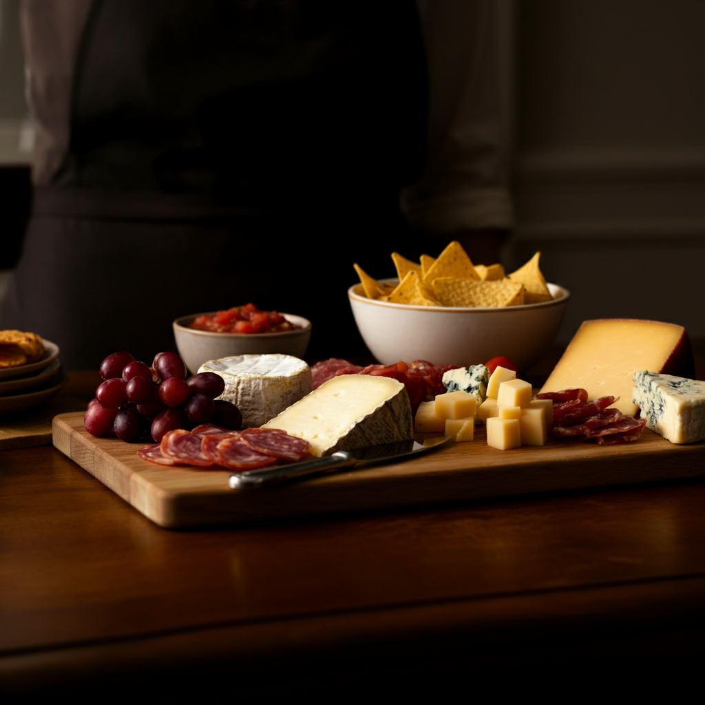 A wooden table laden with appetizers: a cheese board with various cheeses, crackers, and grapes; a bowl of chips with salsa; and a small plate of olives. The lighting is warm and inviting.
