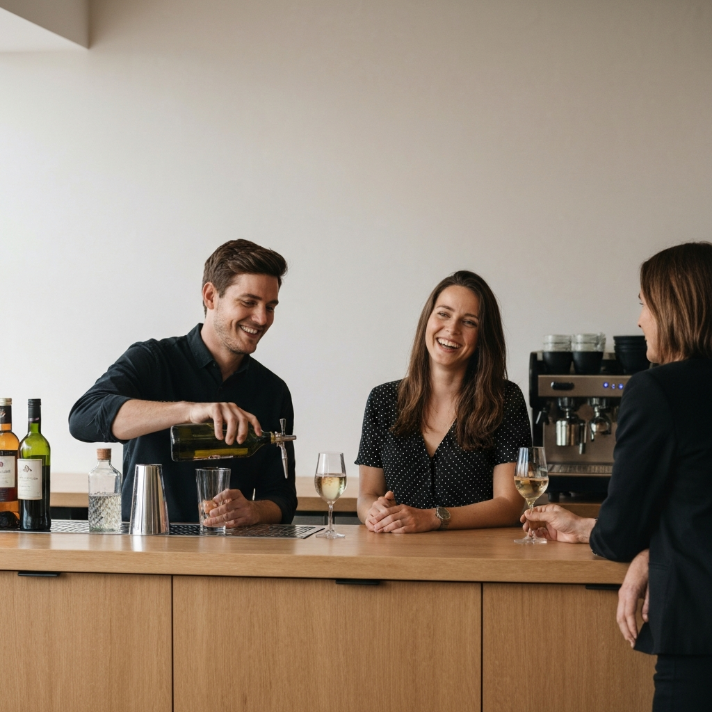 Two friends standing behind a bar, one pouring a drink while the other smiles and engages with a guest. The lighting is soft and warm, creating a relaxed atmosphere.