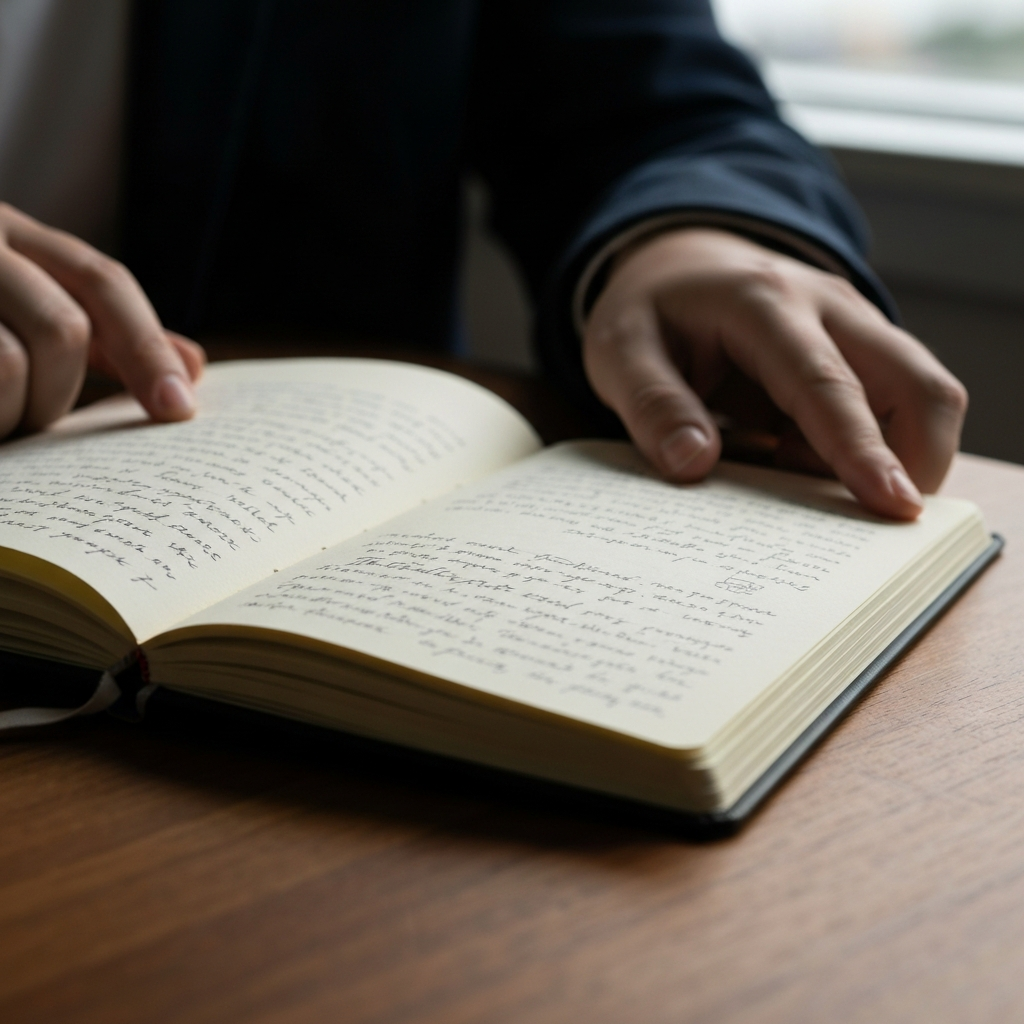 Close-up shot of a travel journal on a wooden desk, open to a page with handwritten notes and destination sketches. Soft, natural light filtering through a window, illuminating the page. Focus on the textured paper and ink details.