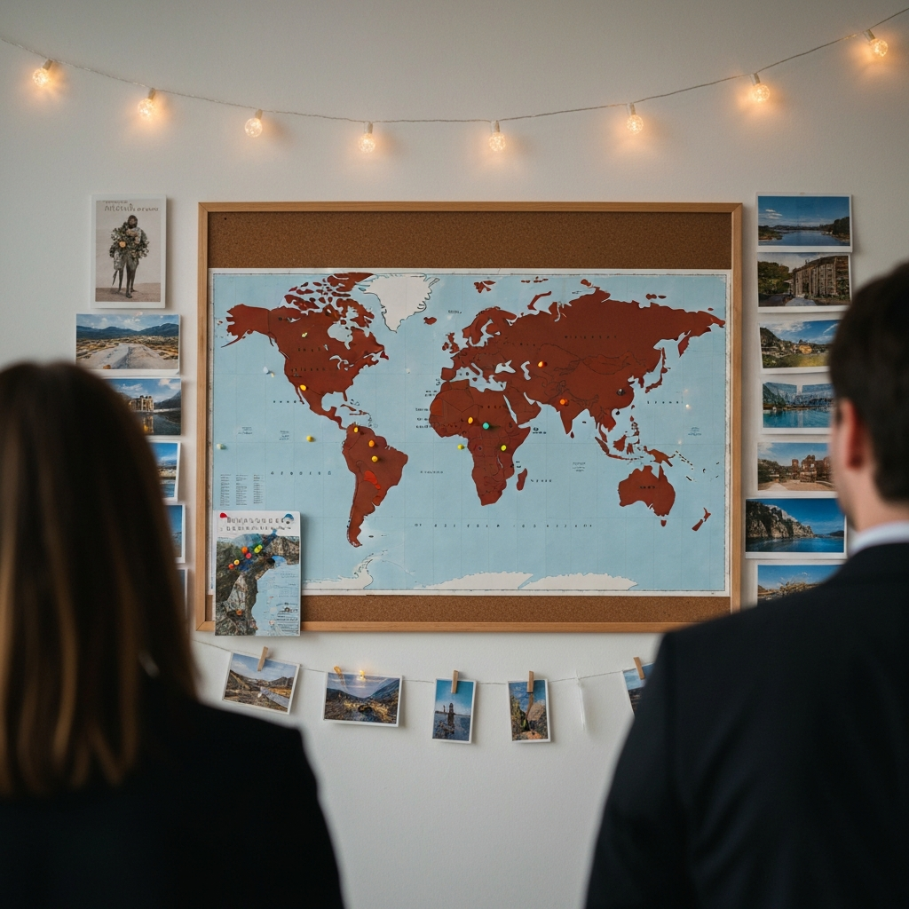 Wide shot of a world map pinned to a corkboard, with colorful pins marking potential travel destinations. The corkboard is surrounded by travel brochures, postcards, and string lights. Warm, inviting ambient lighting.