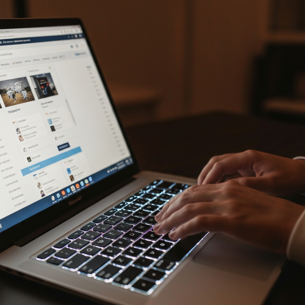 Hands typing on a laptop keyboard, illuminated by the glow of the screen displaying flight comparison website results. Focus on the texture of the keyboard and the details on the screen.