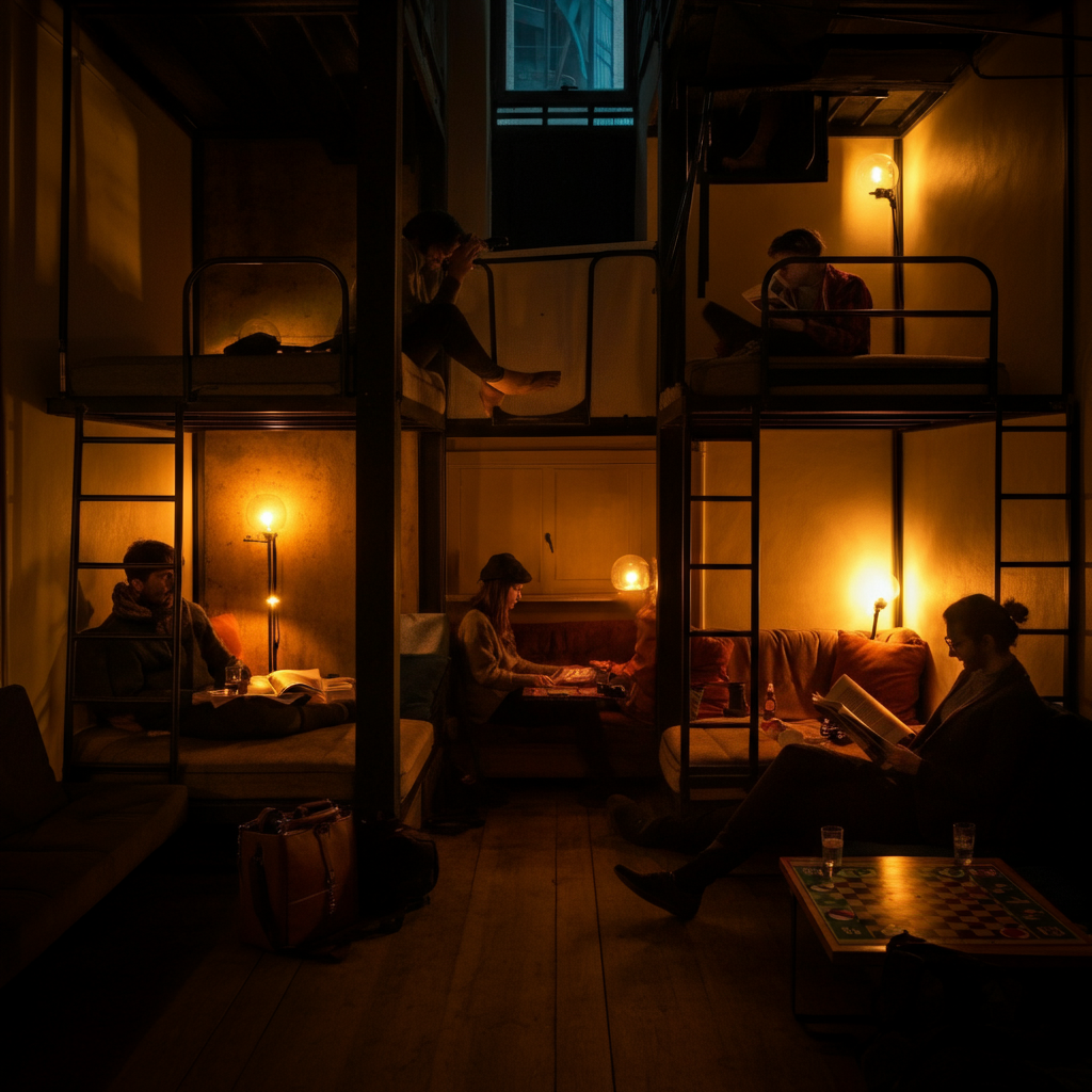 Interior shot of a cozy and inviting hostel common room, with travelers chatting, reading, and playing board games. Soft, warm lighting, creating a welcoming atmosphere.