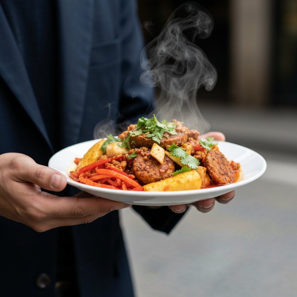 Close-up shot of hands holding a plate of colorful and flavorful street food, with steam rising and the background blurred. Natural, diffused daylight, highlighting the textures and colors of the food.