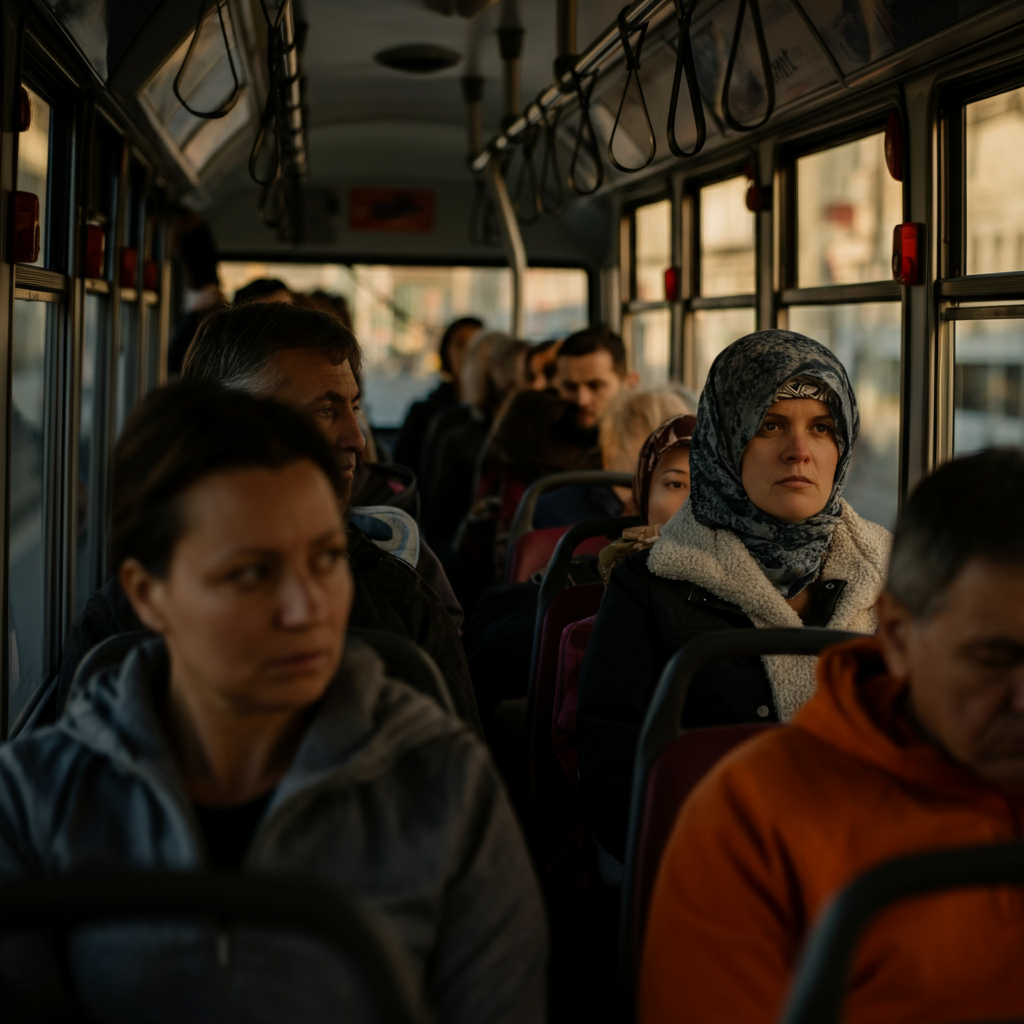 People riding on a crowded but clean and efficient public bus in a foreign city. Focus on the diverse faces of the passengers and the urban landscape visible through the windows.