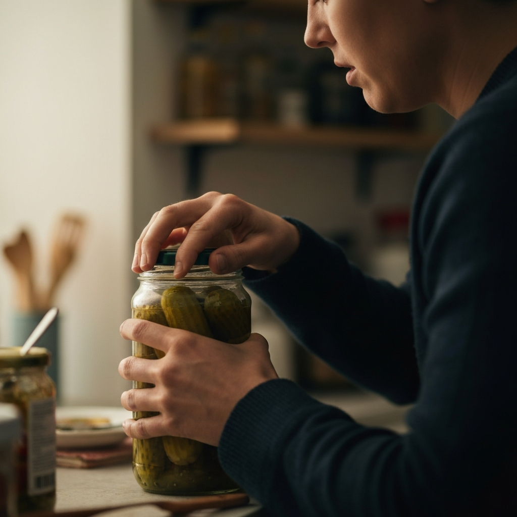 A close-up of a hand struggling to open a stubborn jar of pickles. Soft, diffused light highlights the frustration etched on the person's face. The background is blurred, suggesting a cluttered but cozy kitchen.