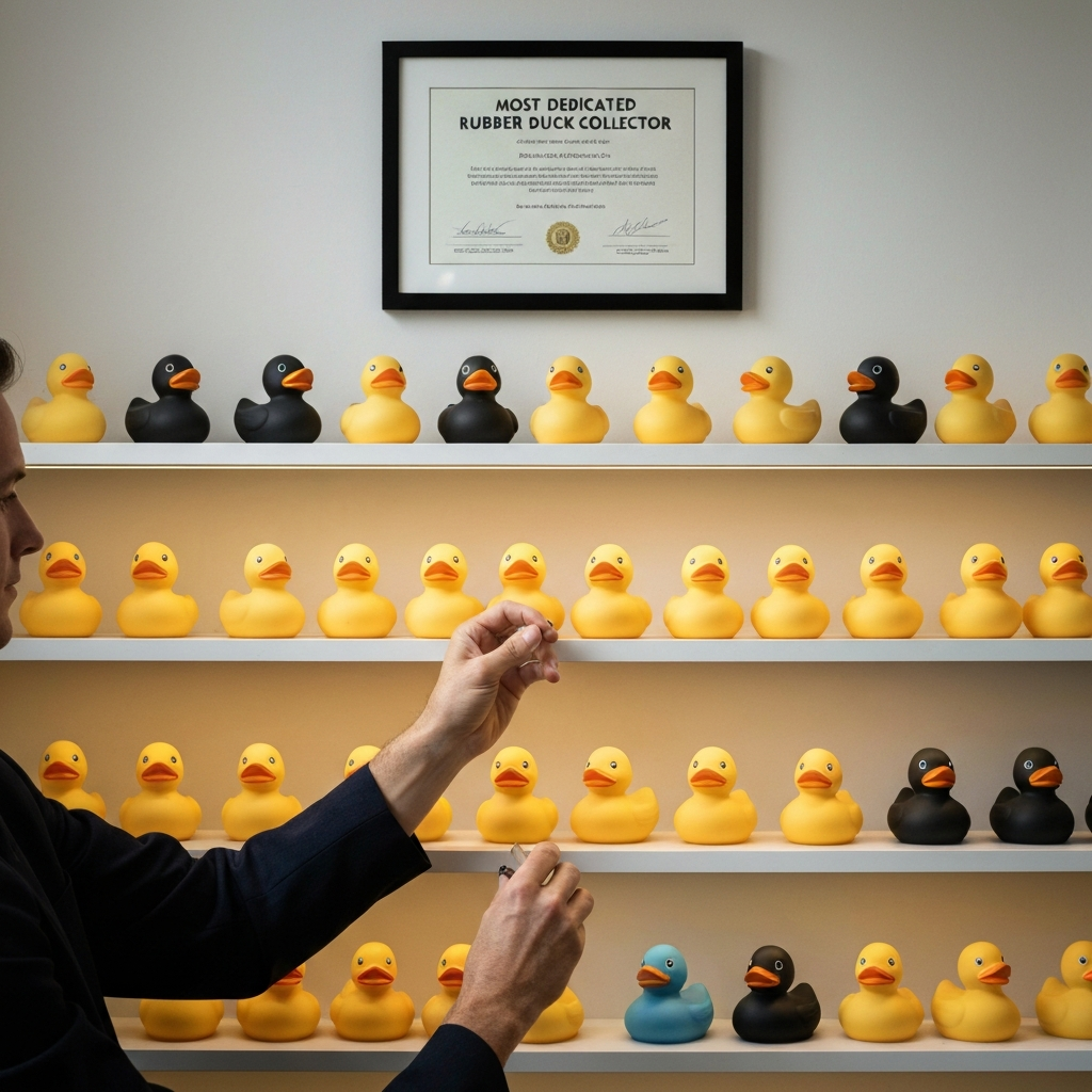 A person meticulously arranging rubber ducks on a shelf, each one perfectly spaced. The lighting is bright and even, showcasing the vibrant colors and textures of the ducks. A framed certificate for "Most Dedicated Rubber Duck Collector" hangs slightly askew on the wall behind.