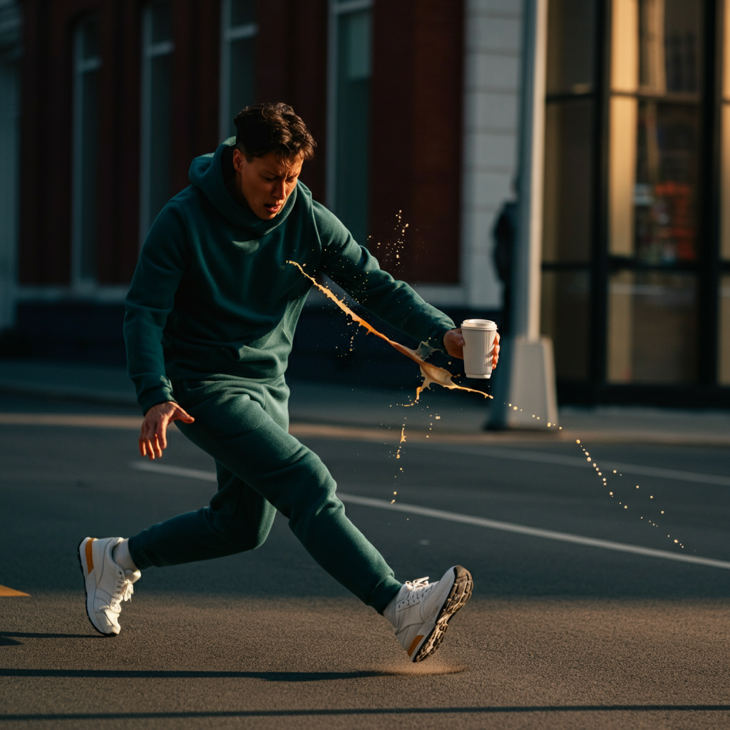 A medium shot of a person tripping over an unseen object while walking down the street. They're holding a cup of coffee, which spills everywhere. The expression on their face is a mixture of embarrassment and resignation. The background is a bustling city street, slightly blurred to emphasize the person's predicament.