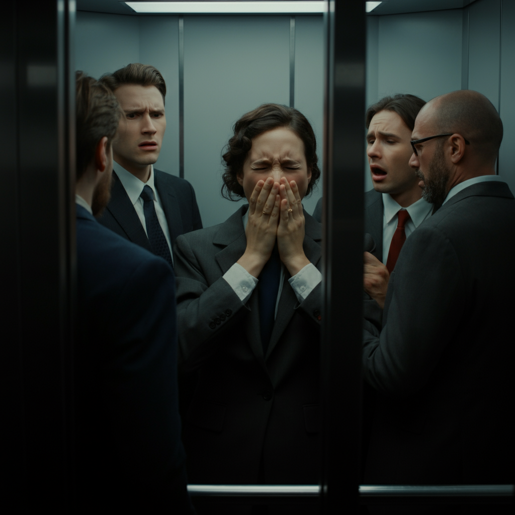 A person standing in an elevator, surrounded by colleagues. They're desperately trying to stifle a sneeze, their face contorted in an effort to suppress it. The elevator interior is brightly lit and sterile, highlighting the discomfort of the situation. The other occupants are subtly recoiling.