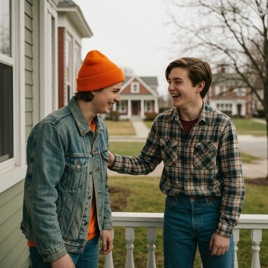 Two people standing on their respective porches, engaged in a friendly but slightly heated debate about the proper way to prune roses. The golden hour lighting casts long shadows, emphasizing the foliage and the animated expressions on their faces. The houses behind them are quaint and well-maintained.