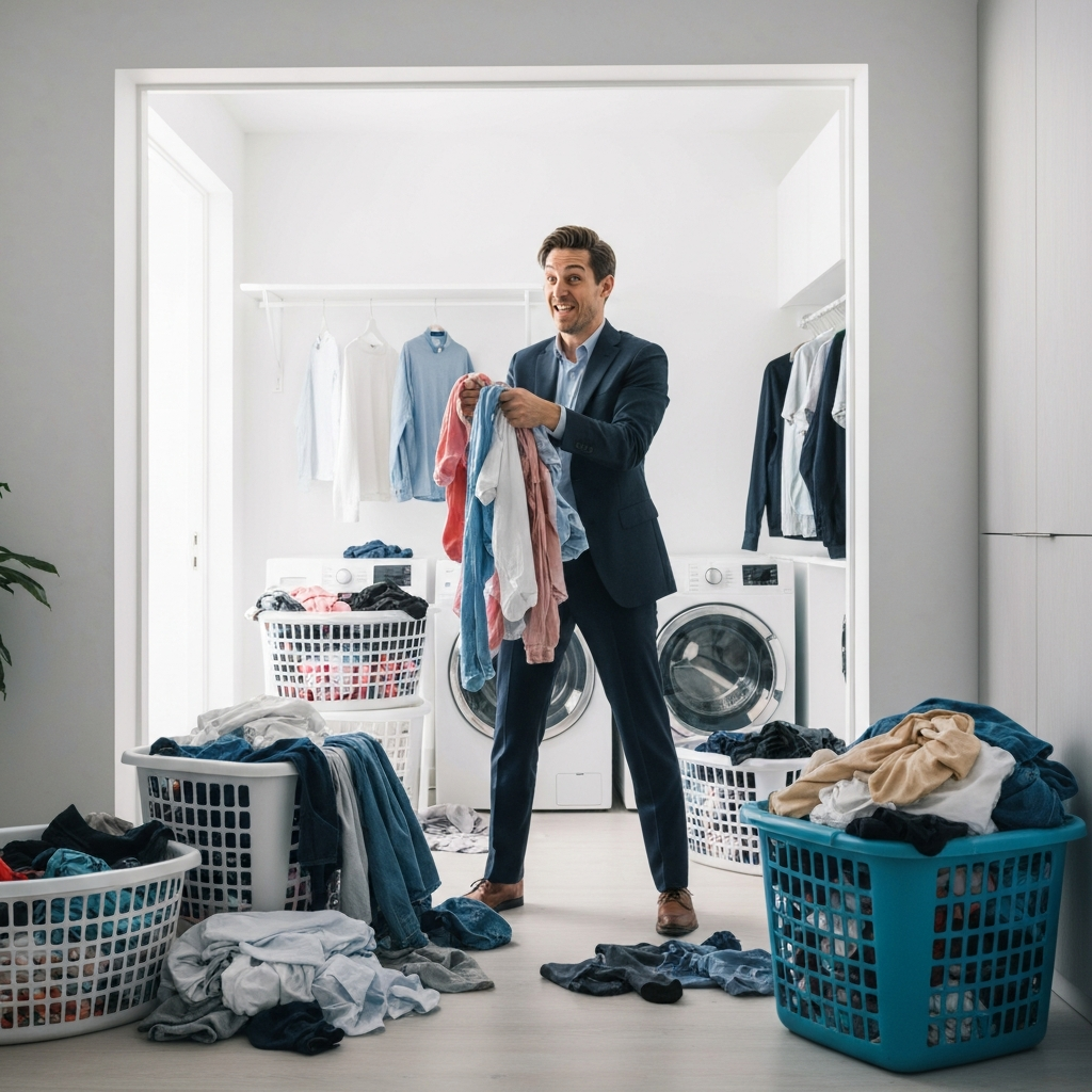 A person standing in a laundry room, surrounded by overflowing laundry baskets. They're wrestling with a tangled mass of socks and shirts, their expression a mixture of frustration and amusement. The room is brightly lit, highlighting the chaos and the vibrant colors of the clothes.
