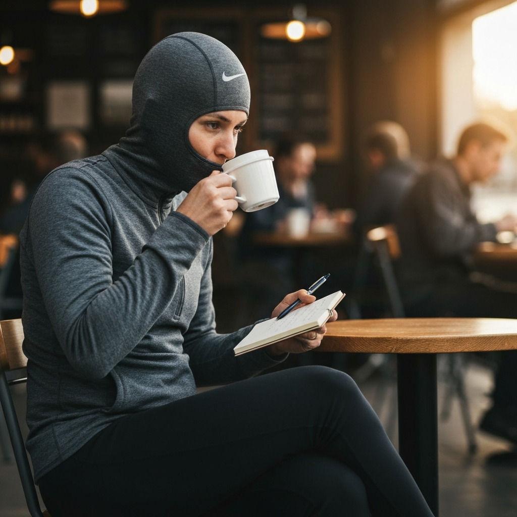 A person sitting at a cafe, sipping coffee and discreetly observing the people around them. They're holding a small notebook and pen, making occasional notes. The cafe is bustling with activity, and the lighting is warm and inviting.