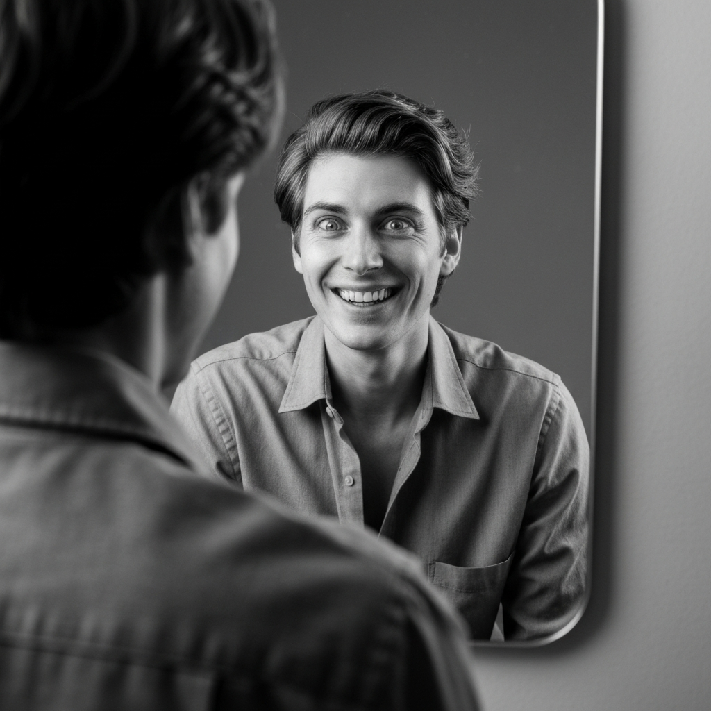 A person looking in a mirror, making a funny face. They're wearing a slightly rumpled shirt and have bedhead hair. The lighting is soft and flattering, highlighting their genuine smile.