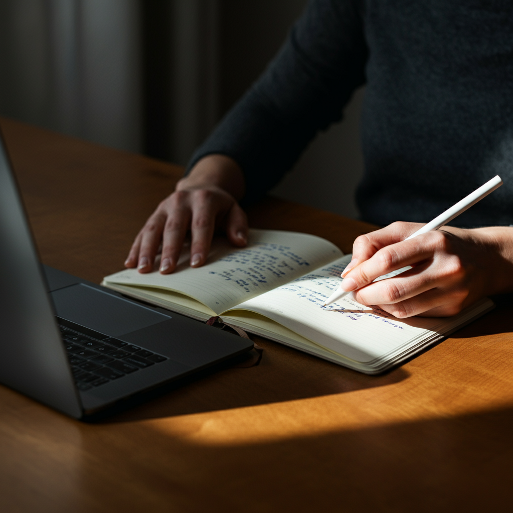 A person sitting at a desk with a notebook, brainstorming ideas under soft, diffused light coming from a nearby window. The desk has a textured wooden surface, and the notebook is open with handwritten notes visible.
