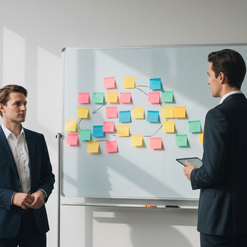 A whiteboard in an office setting with colorful sticky notes arranged in a flowchart pattern. The light is bright and even, illuminating the textures of the whiteboard and the various colored notes.
