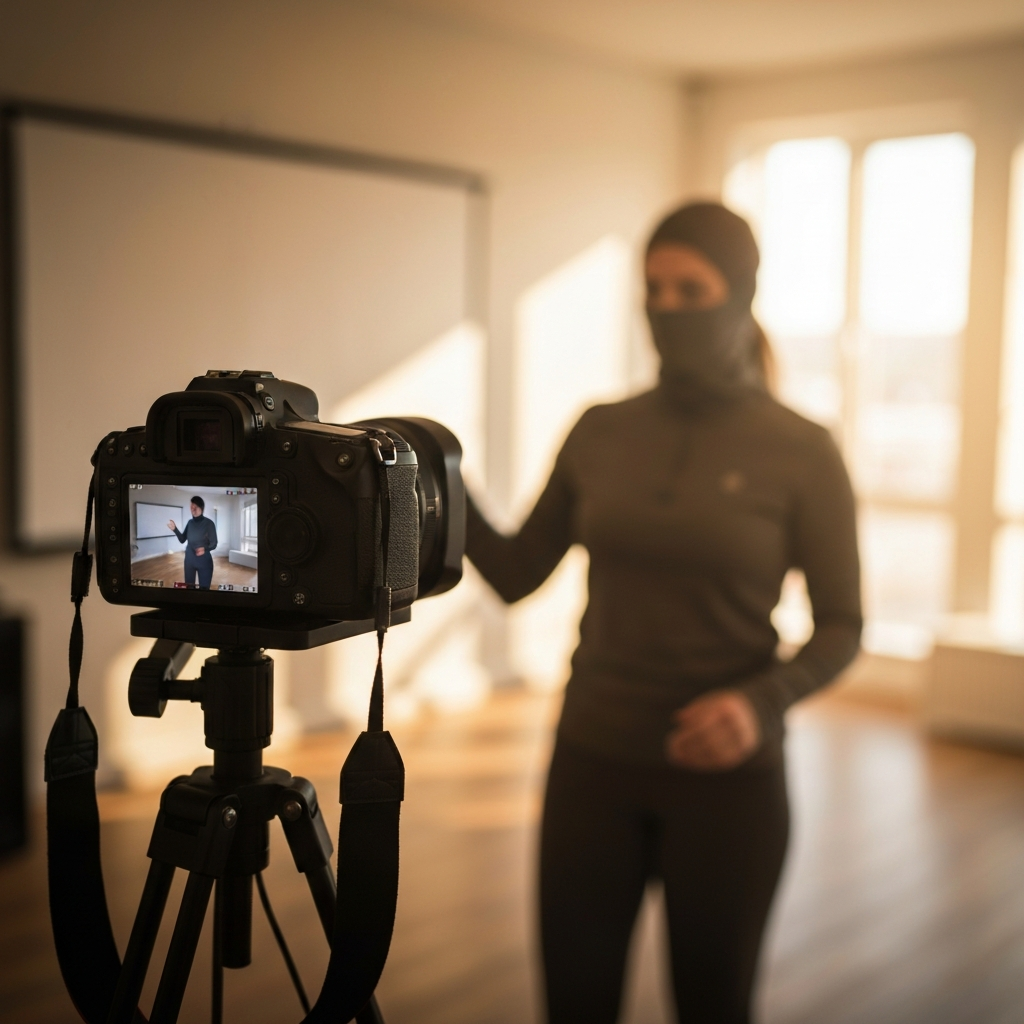 A person standing in front of a camera, practicing a presentation in a well-lit room. The camera is slightly off to the side, capturing a natural and confident posture. Soft bokeh in the background suggests a professional environment.