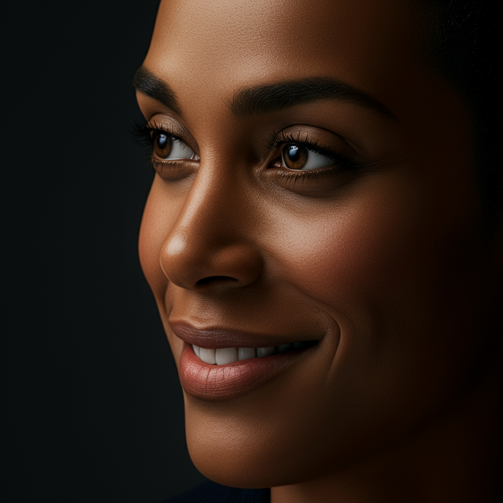 A close-up of a person's face, showcasing a genuine smile and engaged eyes. Soft, warm lighting emphasizes the skin texture and creates a feeling of sincerity.