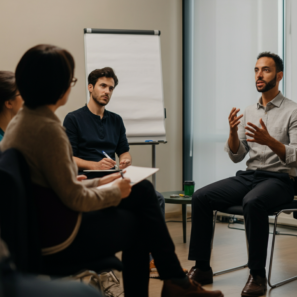 A group of people sitting in a circle, listening attentively to a speaker giving a practice presentation. The room is brightly lit, and the focus is on the speaker's confident demeanor and engaged audience.