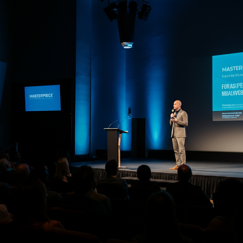 A speaker standing on a stage, addressing questions from an audience. The stage is well-lit, and the speaker has a microphone in hand, making direct eye contact with a person in the audience.