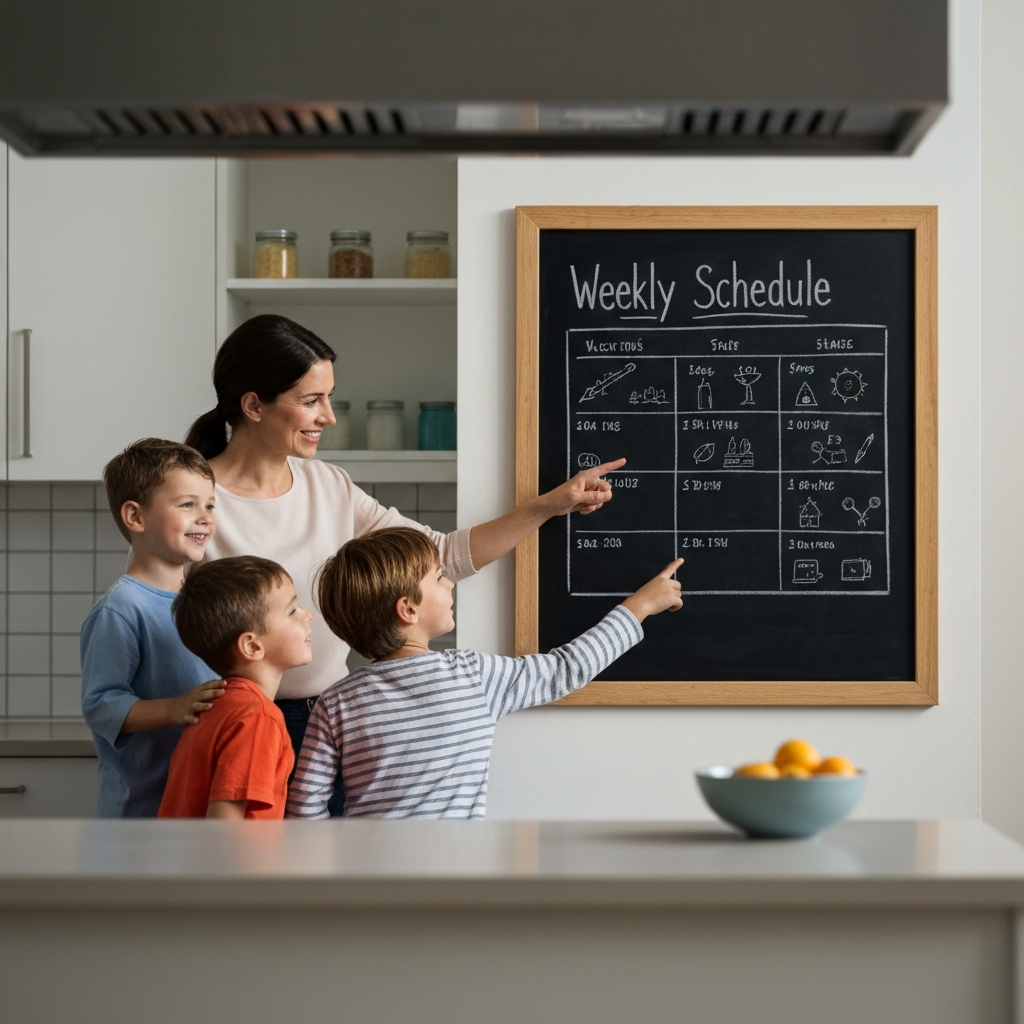 A brightly lit kitchen. A chalkboard hangs on the wall displaying a weekly schedule with colorful drawings. A mother and her two children are pointing at the schedule, smiling.