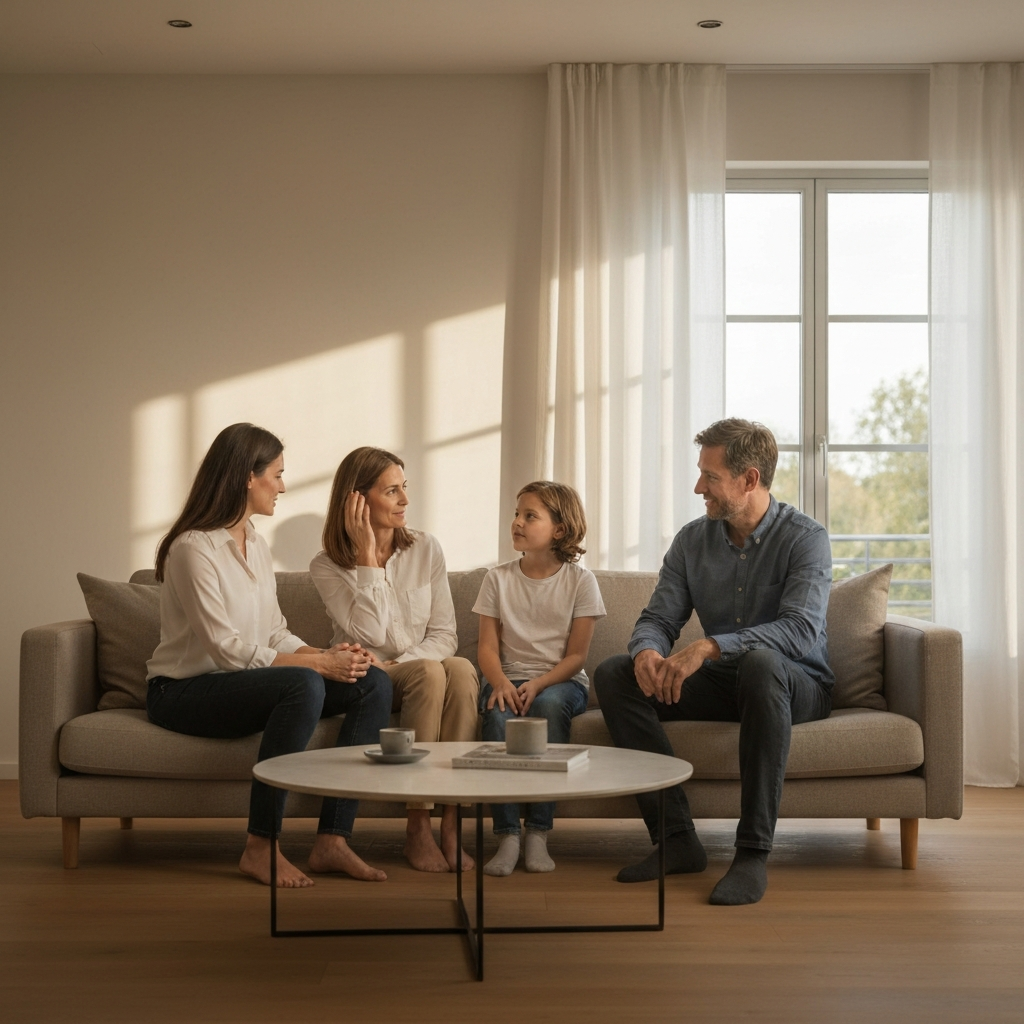 A living room bathed in warm, golden hour light. A family of four is seated on the sofa, engaging in a conversation. The parents are making eye contact with their children, nodding attentively.
