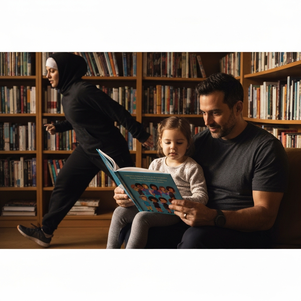 A cozy library with soft lighting. A father is reading a book to his daughter, who is sitting on his lap. The book has colorful illustrations depicting people from different cultures.