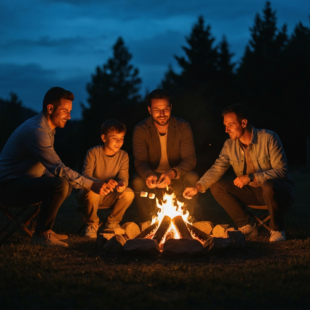 A family is gathered around a campfire at dusk. They are roasting marshmallows and sharing stories. The fire casts a warm glow on their faces.