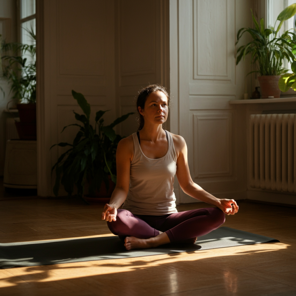 A woman is practicing yoga in a peaceful, sunlit room. Her expression is calm and serene. Soft bokeh effect on plants in the background.