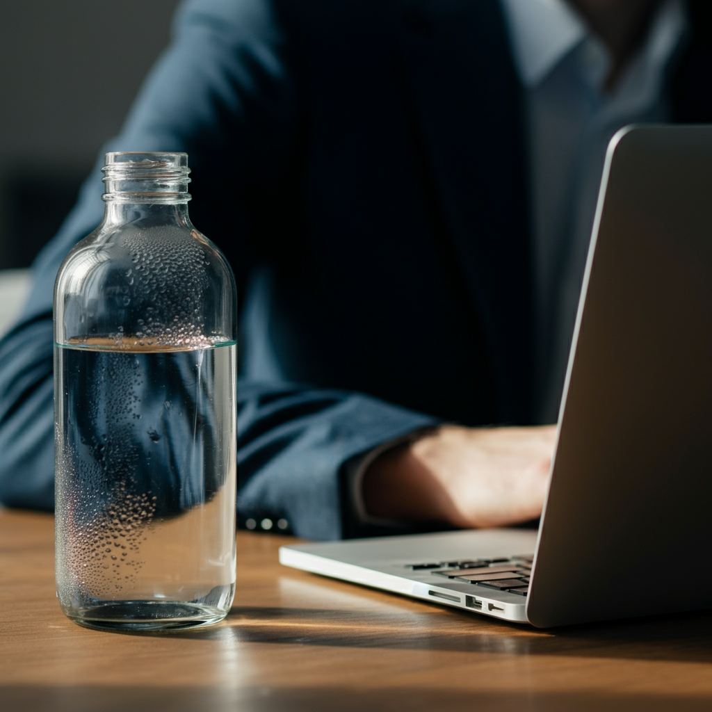 Close-up of a clear glass water bottle on a wooden desk next to a laptop. Soft, natural light streaming from a window, highlighting condensation on the bottle.