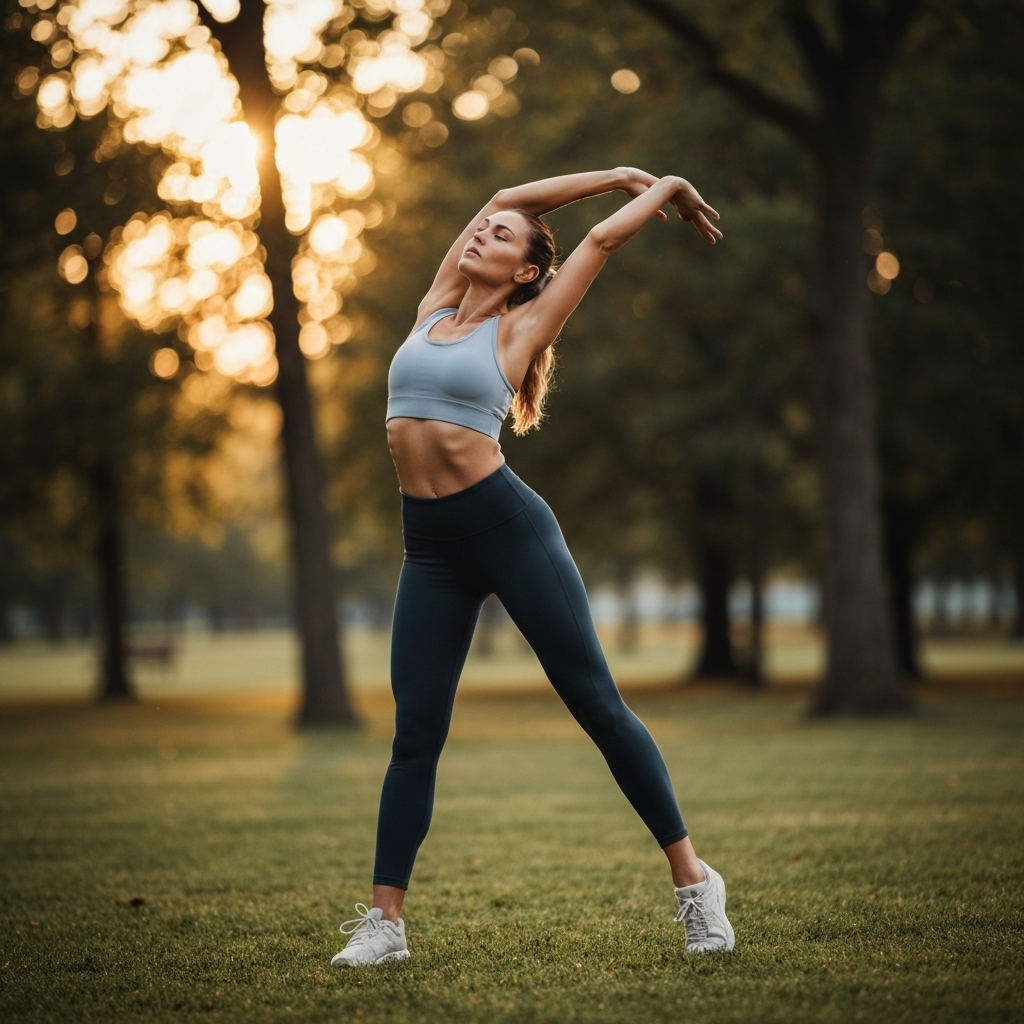 Woman in athletic wear stretching her arms overhead in a park during golden hour. Bokeh effect blurring the trees in the background. 