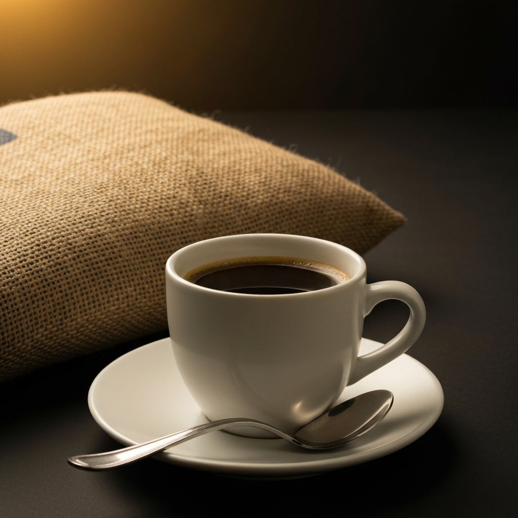 A ceramic mug with dark roasted coffee. A silver spoon resting on a saucer. A textured burlap coffee bean bag in the background. Soft diffused studio lighting.