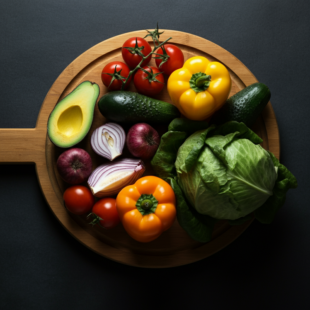 An overhead shot of a wooden cutting board with colorful vegetables and fruits arranged artfully. Sharp focus on the foreground with slightly blurred background.