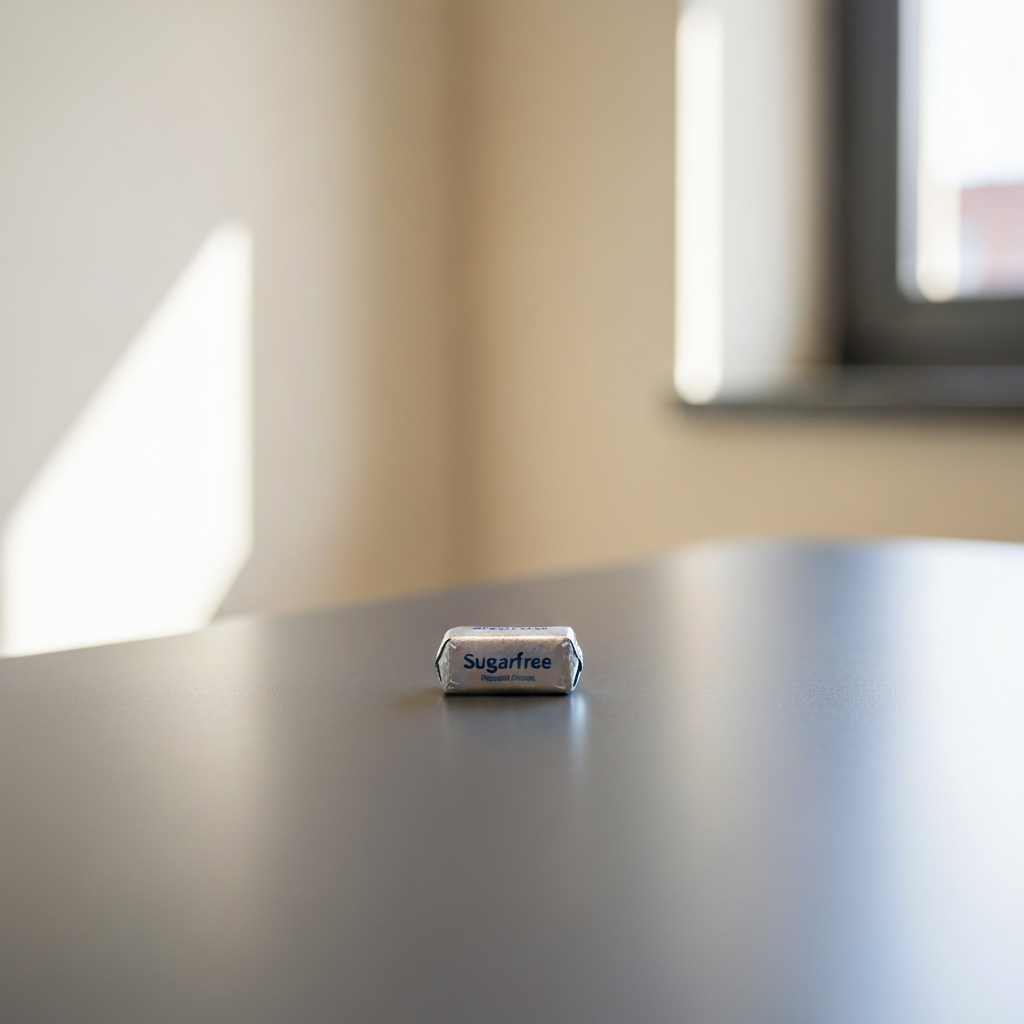 A single piece of sugar-free chewing gum wrapped in foil on a clean office desk. Shallow depth of field, with a blurred background.