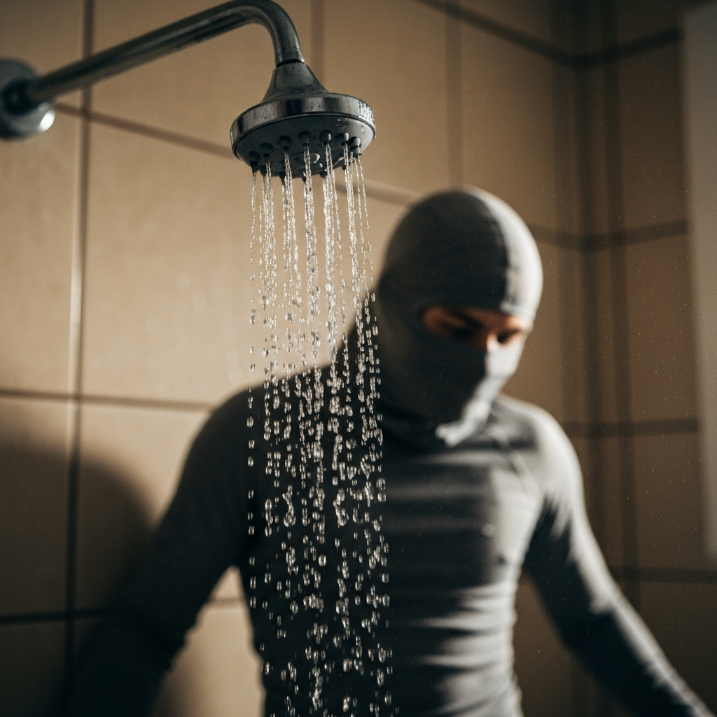 A shower head with water cascading down, creating a misty effect. Focus is sharp on the water droplets. The background is blurred, showing the tiled shower wall.