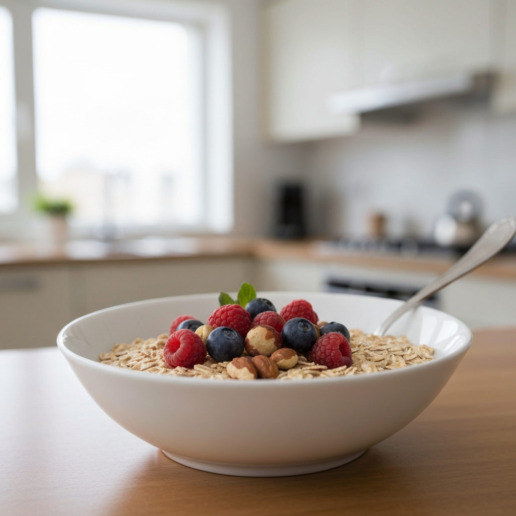 An appetizing shot of a bowl of oatmeal topped with fresh berries and nuts. Shallow depth of field, with a blurred background showing a bright kitchen.