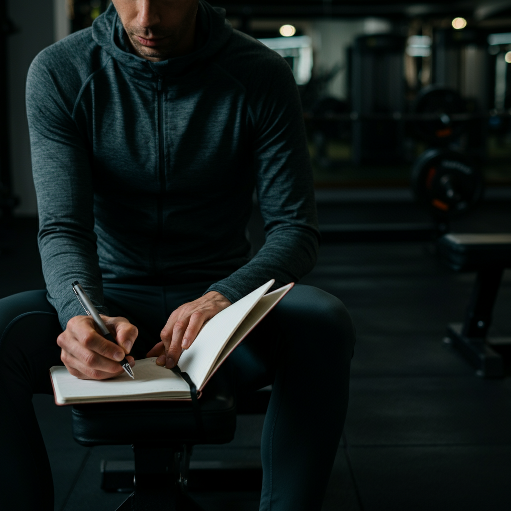 A person in workout gear, sitting with a notebook and pen in a well-lit, modern gym. Soft bokeh on gym equipment in the background.