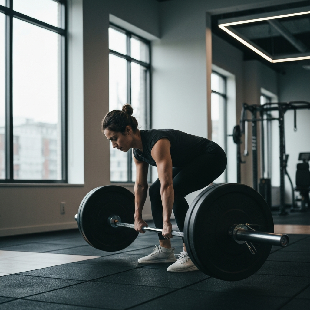 A person performing a deadlift in a gym. The barbell is slightly blurred to emphasize the person's form. Gym equipment is visible in the background, subtly lit.
