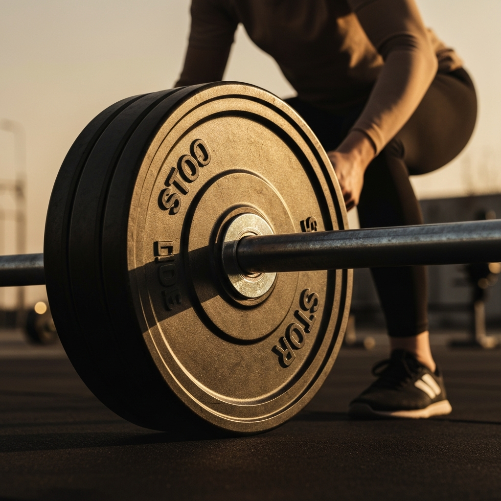 Close-up shot of a weight plate being added to a barbell. The texture of the metal is visible, and the lighting is focused on the plate.