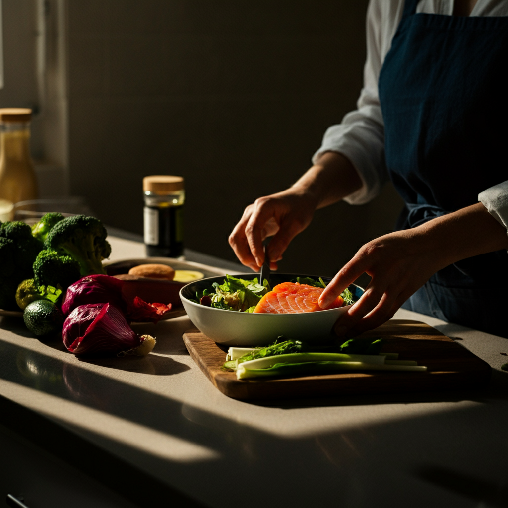 A person preparing a healthy meal in a kitchen. The focus is on fresh vegetables and lean protein. Natural light streams in through a window.