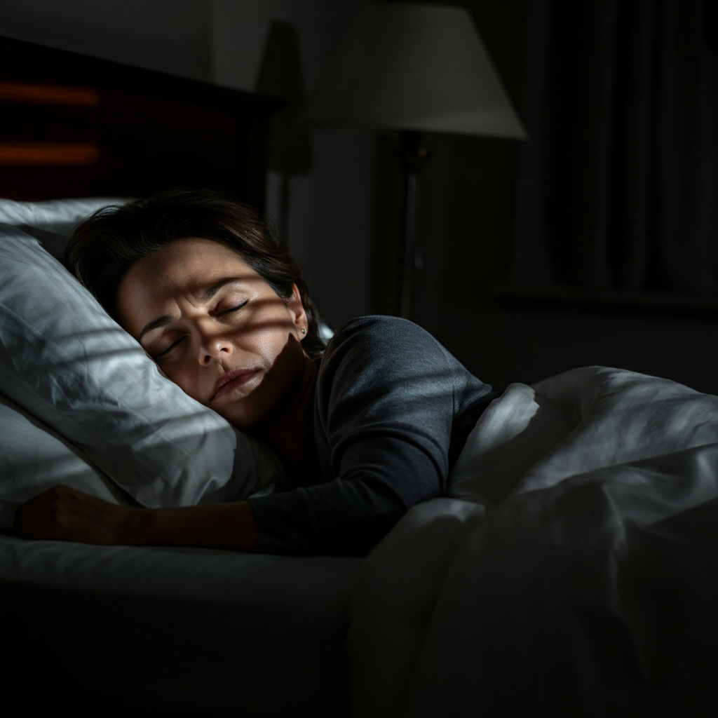 A person sleeping peacefully in a dimly lit bedroom. The focus is on creating a sense of calm and relaxation.