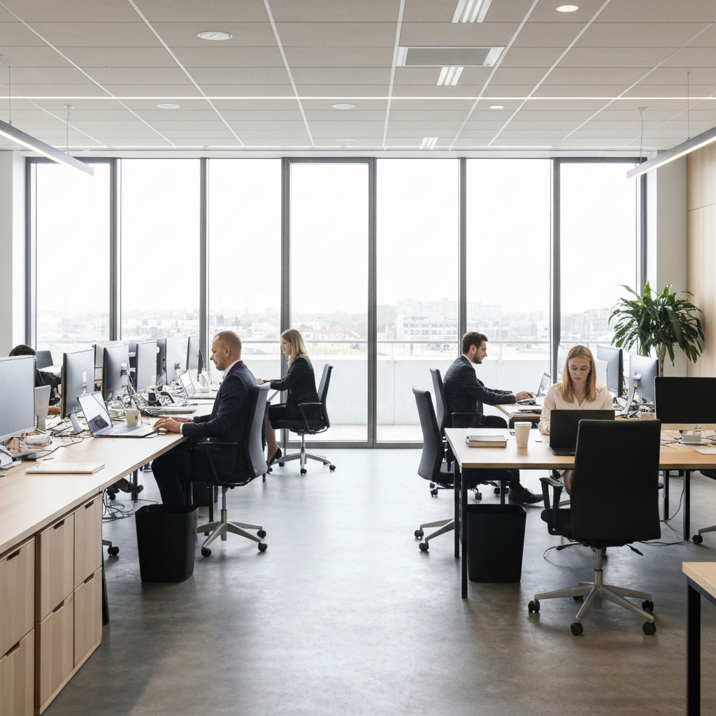 A wide shot of a modern co-working space. People are seated at desks working on laptops. Natural light fills the room, illuminating the smooth surfaces of the furniture and the professional attire of the workers. A plant adds a touch of green.
