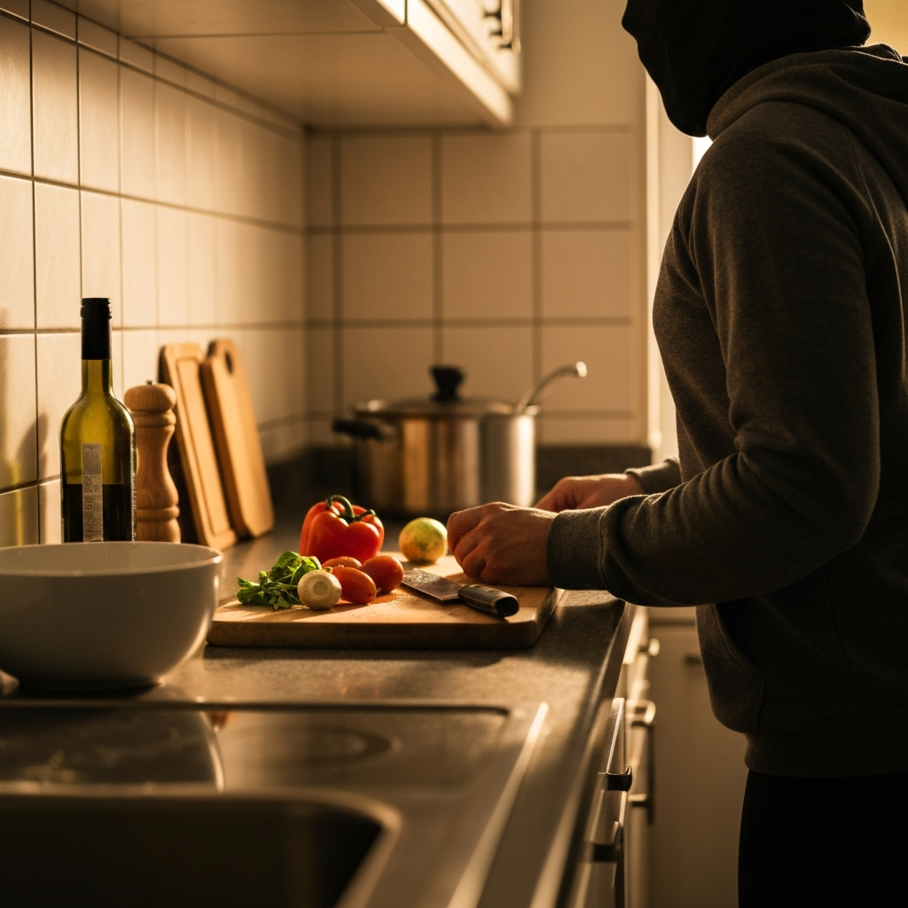 A close-up of a clean and organized kitchen counter. A cutting board with fresh vegetables and a knife is visible. The lighting is warm and inviting, emphasizing the colors and textures of the food and kitchen utensils.