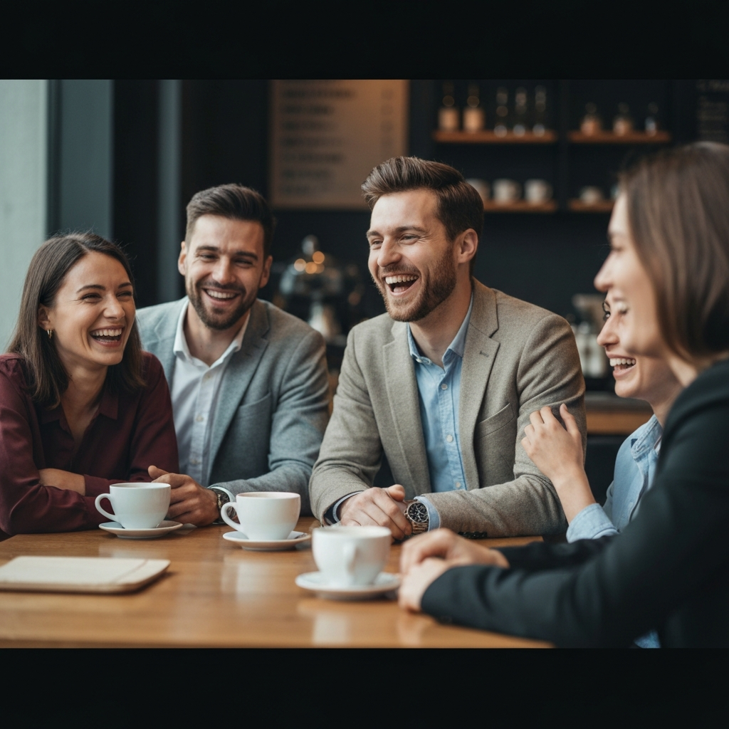 A group of friends laughing together at a cafe. The background is slightly blurred to focus on the people in the foreground, emphasizing their interaction and the warmth of the café environment.
