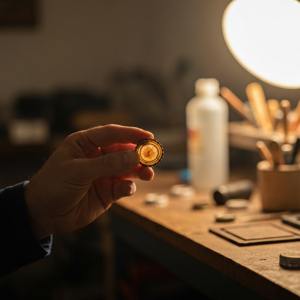 A close-up shot of a hand holding a rusty bottle cap, illuminated by warm, diffused light. The background is soft bokeh, showing a cluttered but organized workbench.