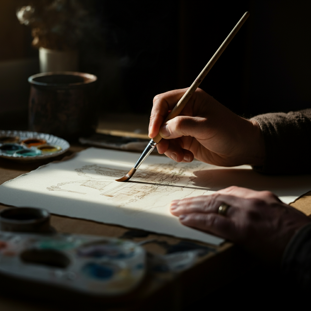 An artist's hand holding a fine-tipped brush, applying a light wash of coffee to a piece of watercolor paper. The paper features the faint outline of a landscape. Golden hour lighting streams through a window, casting a warm glow on the scene.