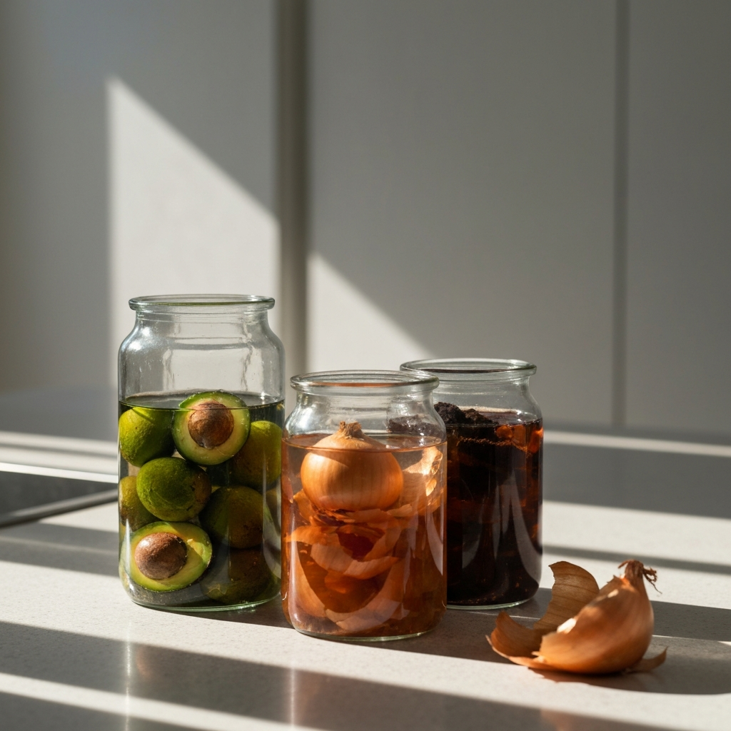 A close-up shot of various food scraps (avocado pits, onion skins, coffee grounds) in glass jars filled with water, sitting on a kitchen counter. Sunlight illuminates the rich colors of the liquids.