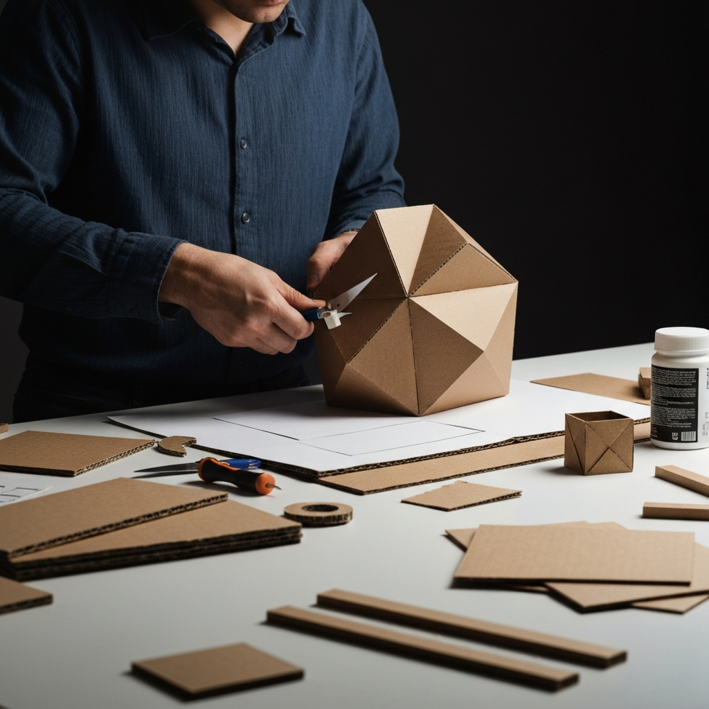 An artist meticulously cutting and gluing pieces of cardboard together to form a geometric sculpture. The workspace is clean and organized, with various cardboard pieces and tools neatly arranged.